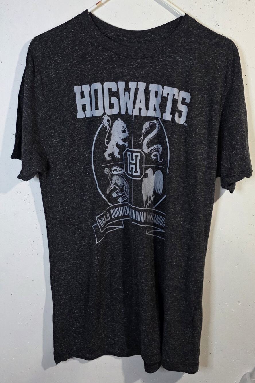Harry Potter Hogwarts 4 Houses Crest T Shirt Men's Large Gray Heather Wizarding